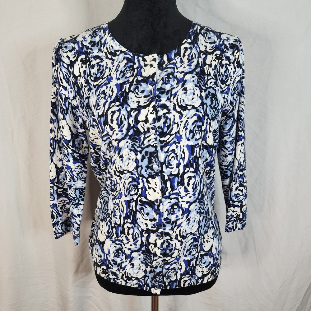 NOTATIONS Size Medium Cotton Blend Floral Rose Print‎ Button Up Cardigan Sweater
